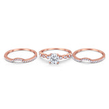 Trio Set Three Piece Wedding Ring Round Rose Tone, Simulated Cubic Zirconia 925 Sterling Silver