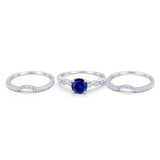 Trio Set Three Piece Wedding Ring Round Simulated Blue Sapphire CZ 925 Sterling Silver