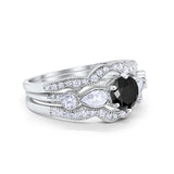 Three Piece Bridal Wedding Promise Ring Simulated Black CZ 925 Sterling Silver
