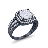 Halo Wedding Ring Princess Black Tone, Simulated Cubic Zirconia 925 Sterling Silver
