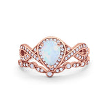Teardrop Piece Art Deco Wedding Ring Rose Tone, Lab Created White Opal 925 Sterling Silver
