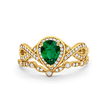 Teardrop Piece Art Deco Wedding Ring Yellow Tone, Simulated Emerald CZ 925 Sterling Silver