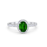 Halo Oval Engagement Ring Simulated Green Emerald CZ 925 Sterling Silver