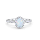 Halo Engagement Ring Oval Lab Created White Opal 925 Sterling Silver