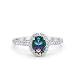 Halo Oval Engagement Ring Simulated Rainbow CZ 925 Sterling Silver