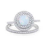 Double Halo Engagement Bridal Piece Ring Lab Created White Opal 925 Sterling Silver