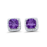 Halo Cushion Bridal Earrings Simulated Amethyst CZ 925 Sterling Silver