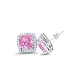 Halo Cushion Bridal Earrings Simulated Pink CZ 925 Sterling Silver