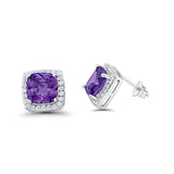 Halo Cushion Bridal Earrings Simulated Amethyst CZ 925 Sterling Silver