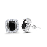 Halo Cushion Bridal Earrings Simulated Black CZ 925 Sterling Silver