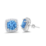 Halo Cushion Bridal Earrings Simulated Blue Topaz CZ 925 Sterling Silver