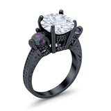 Three Stone Ring Round Black Tone, Simulated Cubic Zirconia 925 Sterling Silver