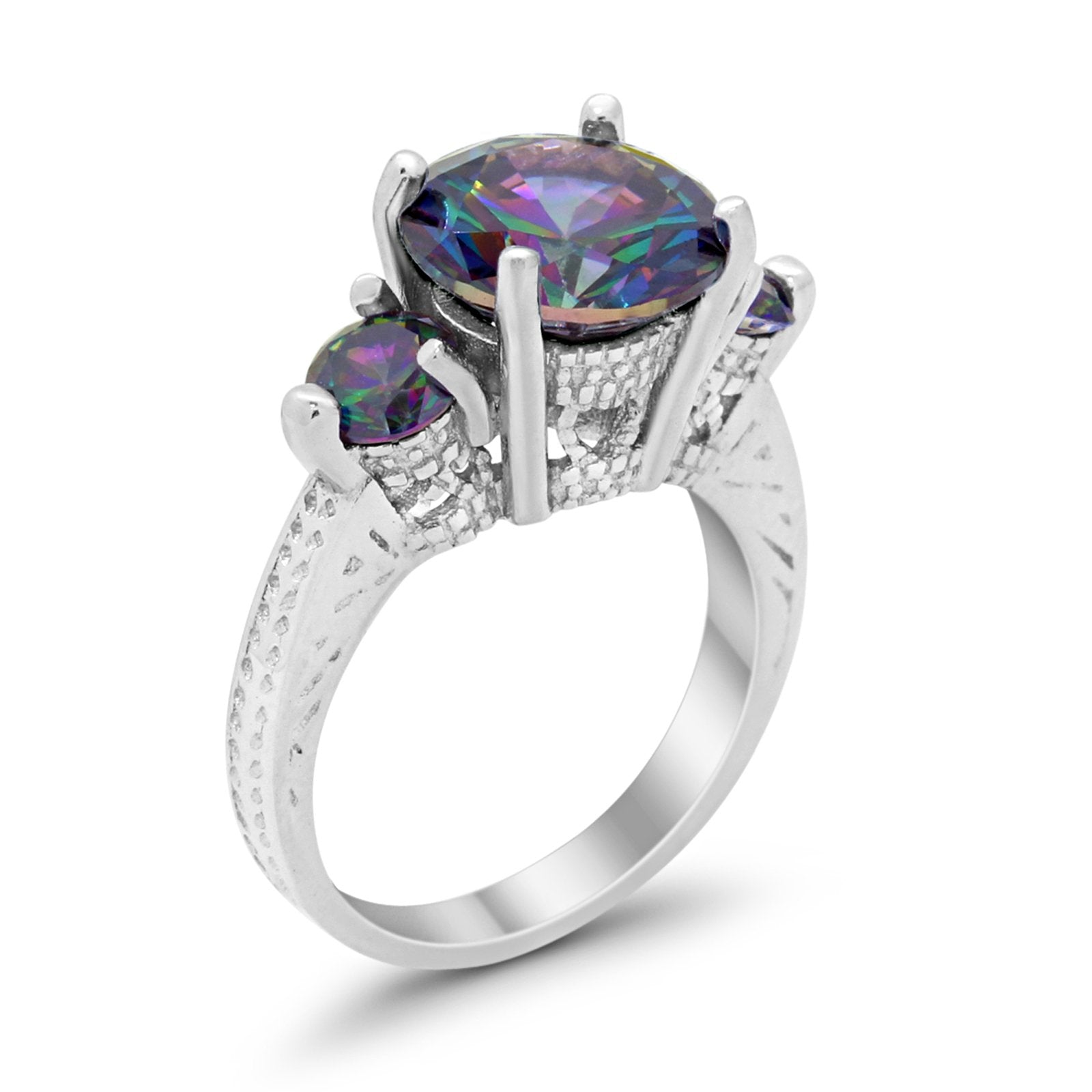 Three Stone Ring Round Simulated Rainbow CZ 925 Sterling Silver