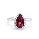 Halo Teardrop Engagement Ring Simulated Ruby CZ 925 Sterling Silver