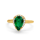 Teardrop Pear Engagement Ring Yellow Tone, Simulated Green Emerald CZ 925 Sterling Silver