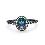 Oval Engagement Ring Halo Bridal Black Tone, Simulated Rainbow CZ 925 Sterling Silver