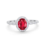 Oval Engagement Ring Halo Bridal Simulated Ruby CZ 925 Sterling Silver