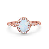 Oval Engagement Ring Halo Bridal Rose Tone, Lab Created White Opal 925 Sterling Silver