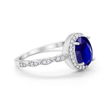 Oval Engagement Ring Halo Bridal Simulated Blue Sapphire CZ 925 Sterling Silver