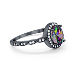 Oval Engagement Ring Halo Bridal Black Tone, Simulated Rainbow CZ 925 Sterling Silver