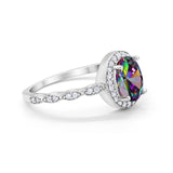 Oval Engagement Ring Halo Bridal Simulated Rainbow CZ 925 Sterling Silver