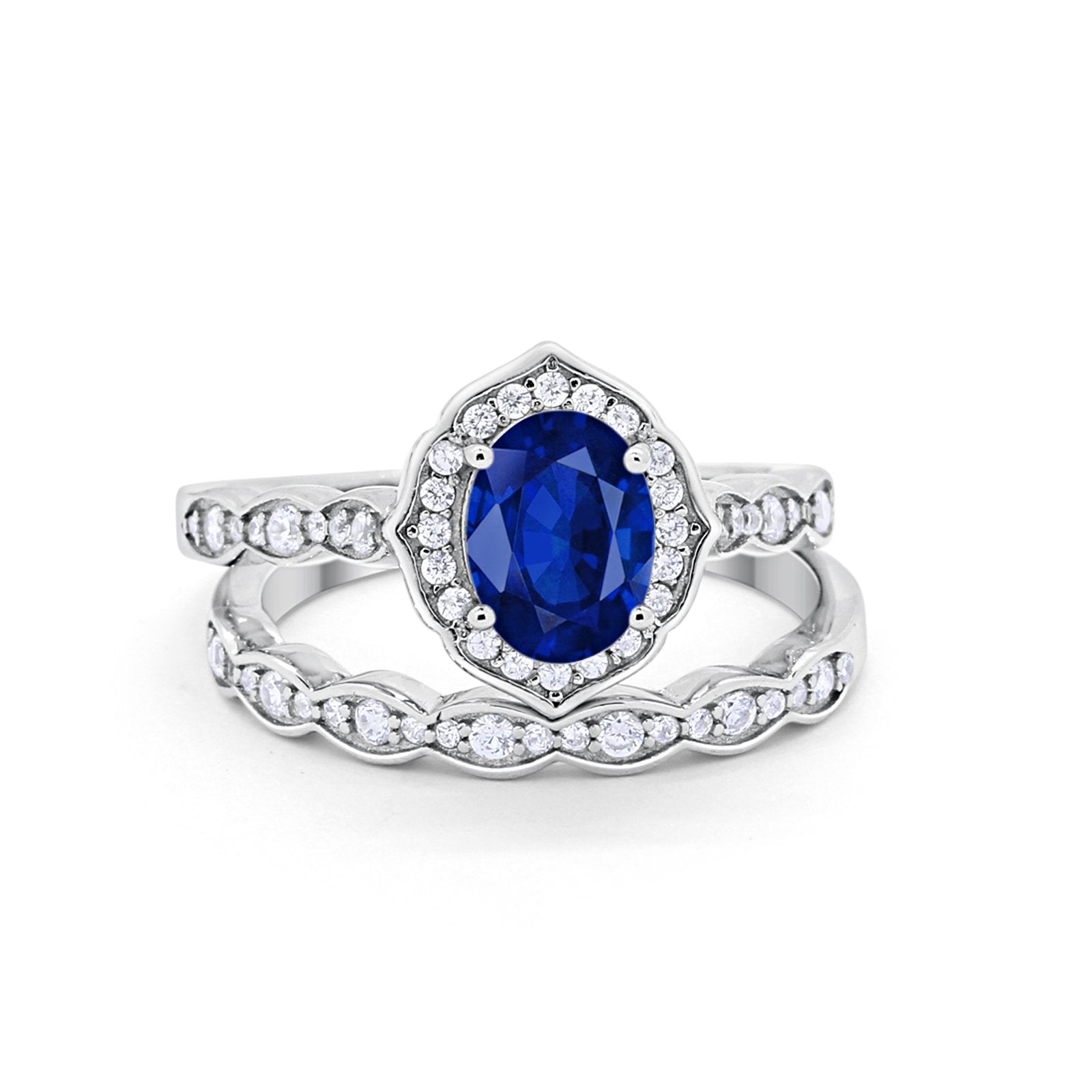 Two Piece Vintage Style Simulated Blue Sapphire CZ Wedding Ring 925 Sterling Silver