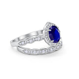 Two Piece Vintage Style Simulated Blue Sapphire CZ Wedding Ring 925 Sterling Silver