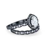 Two Piece Vintage Style Black, Tone Simulated CZ Wedding Ring 925 Sterling Silver