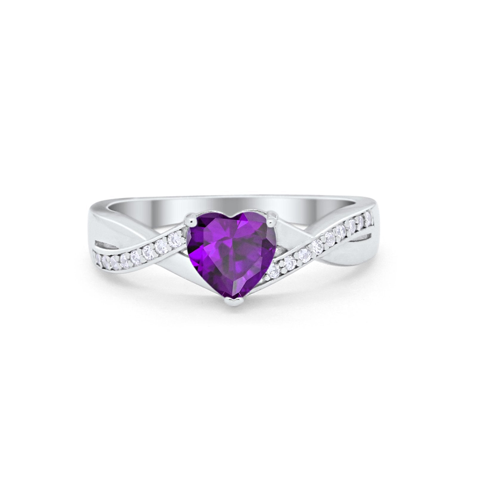 Accent Wedding Ring Heart Shape Simulated Amethyst CZ Round 925 Sterling Silver