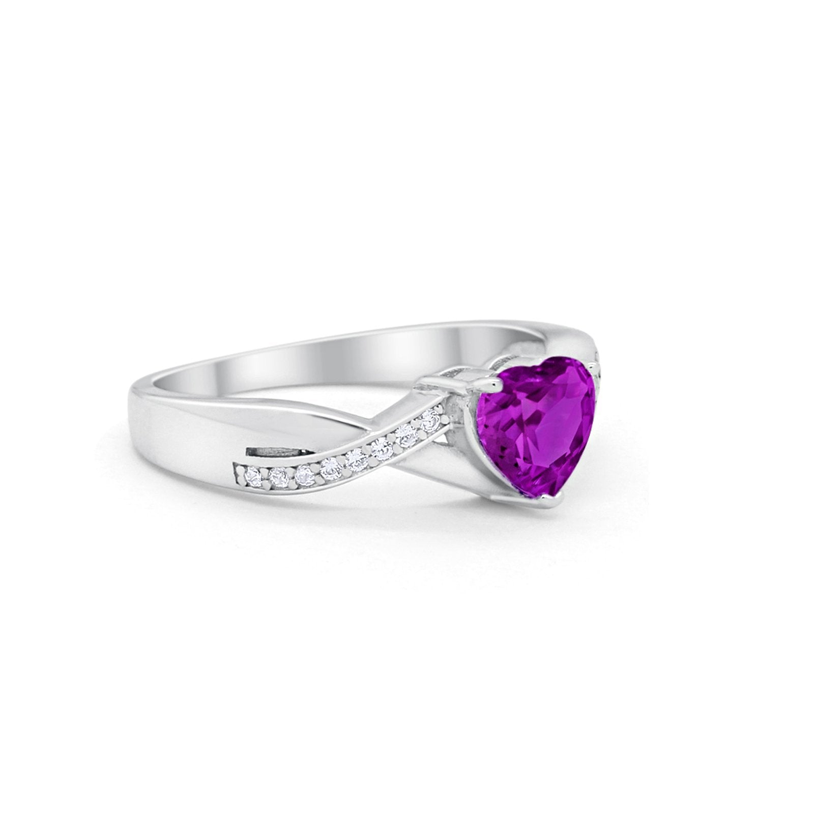 Accent Wedding Ring Heart Shape Simulated Amethyst CZ Round 925 Sterling Silver