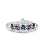 King Crown Ring Oval Simulated Rainbow CZ 925 Sterling Silver