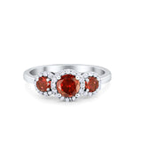 Three Stone Halo Simulated Garnet CZ Wedding Engagement Promise Ring 925 Sterling Silver
