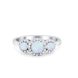 Halo Three Stone Lab Created White Opal Wedding Ring 925 Sterling Silver