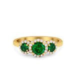 Three Stone Halo Yellow Tone, Simulated Green Emerald CZ Wedding Engagement Promise Ring 925 Sterling Silver