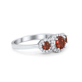 Three Stone Halo Simulated Garnet CZ Wedding Engagement Promise Ring 925 Sterling Silver