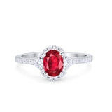 Art Deco Halo Oval Wedding Ring Simulated Ruby CZ 925 Sterling Silver