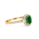 Art Deco Halo Oval Wedding Ring Yellow Tone, Simulated Green Emerald CZ 925 Sterling Silver