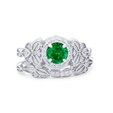 Art Deco Vintage Style Bridal Ring Simulated Green Emerald CZ 925 Sterling Silver