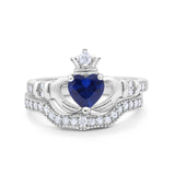 Two Piece Claddagh Ring Band Heart Simulated Blue Sapphire CZ 925 Sterling Silver