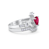 Two Piece Claddagh Ring Band Heart Simulated Ruby CZ 925 Sterling Silver