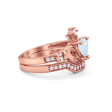 Two Piece Claddagh Ring Band Heart Rose Tone, Lab Created White Opal 925 Sterling Silver