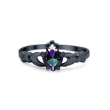 Irish Claddagh Heart Promise Ring Black Tone, Simulated Rainbow CZ 925 Sterling Silver