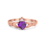 Irish Claddagh Heart Promise Ring Rose Tone, Simulated Amethyst CZ 925 Sterling Silver