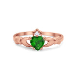 Irish Claddagh Heart Promise Ring Rose Tone, Simulated Green Emerald CZ 925 Sterling Silver