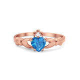 Irish Claddagh Heart Promise Ring Rose Tone, Simulated Blue Topaz CZ 925 Sterling Silver