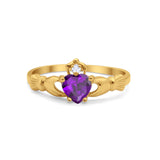 Irish Claddagh Heart Promise Ring Yellow Tone, Simulated Amethyst CZ 925 Sterling Silver