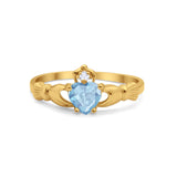 Irish Claddagh Heart Promise Ring Yellow Tone, Simulated Aquamarine CZ 925 Sterling Silver