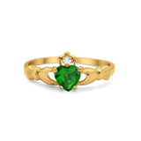 Irish Claddagh Heart Promise Ring Yellow Tone, Simulated Green Emerald CZ 925 Sterling Silver