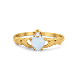 Irish Claddagh Heart Promise Ring Yellow Tone, Lab Created White Opal 925 Sterling Silver