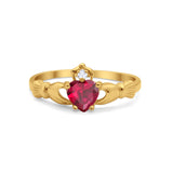 Irish Claddagh Heart Promise Ring Yellow Tone, Simulated Ruby CZ 925 Sterling Silver
